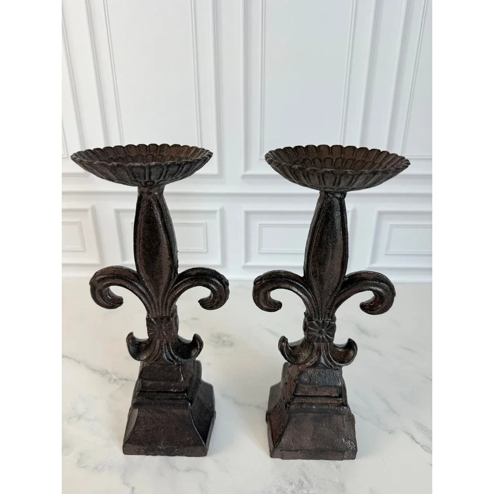 VTG Pair (2) Cast Iron Fleur de Lis Pillar Candlesticks 10 5/8